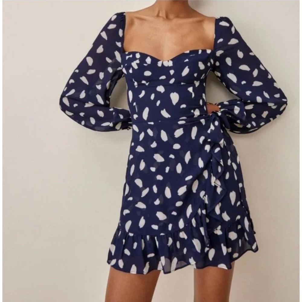 Reformation Cammi Dress Splatter Polka Dot Blue Mini Size 2 Puff Sleeve Ruffle